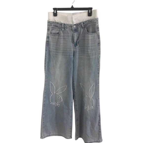 Playboy white tuxedo waist embroidered iconic bunny wide leg jeans size 9 new - Picture 1 of 12